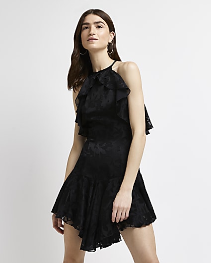 Black floral lace halter neck mini dress