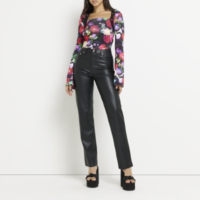 Black floral lace trim blouse