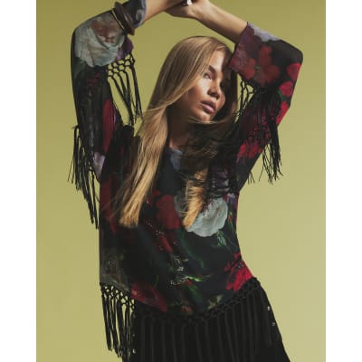 Floral Long Sleeve Fringed Top