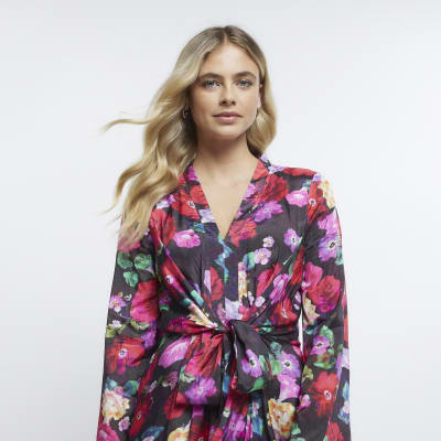 Black floral long sleeve midi dress River Island