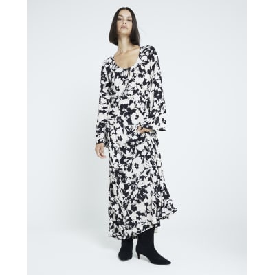 Black Floral long sleeve Midi Dress | River Island