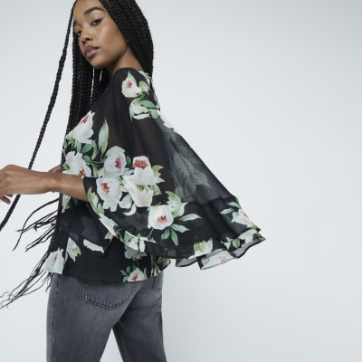 Black Floral Long Sleeve Ruffled Top