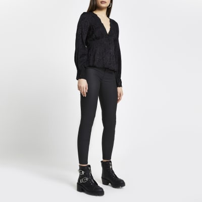 Black floral long sleeve tea blouse top