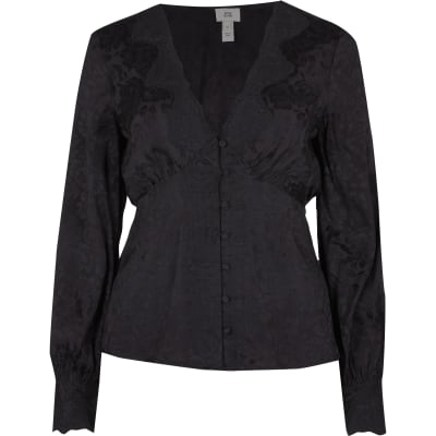Black floral long sleeve tea blouse top