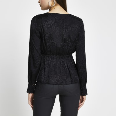 Black floral long sleeve tea blouse top