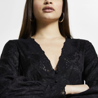 Black floral long sleeve tea blouse top