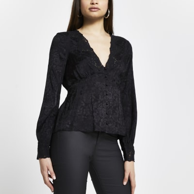 Black floral long sleeve tea blouse top