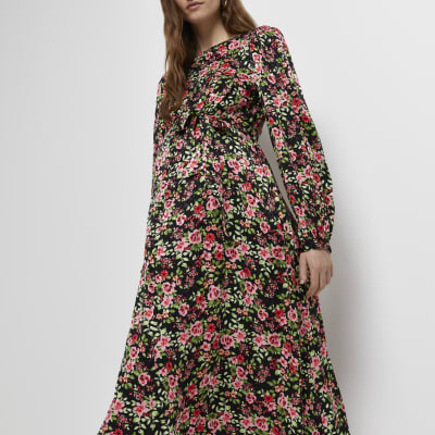 Black floral maternity midi dress River Island