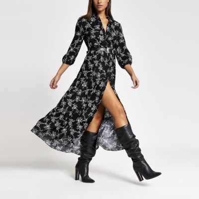 black floral midi shirt dress