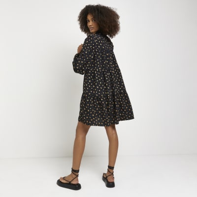 Black floral mini shirt dress