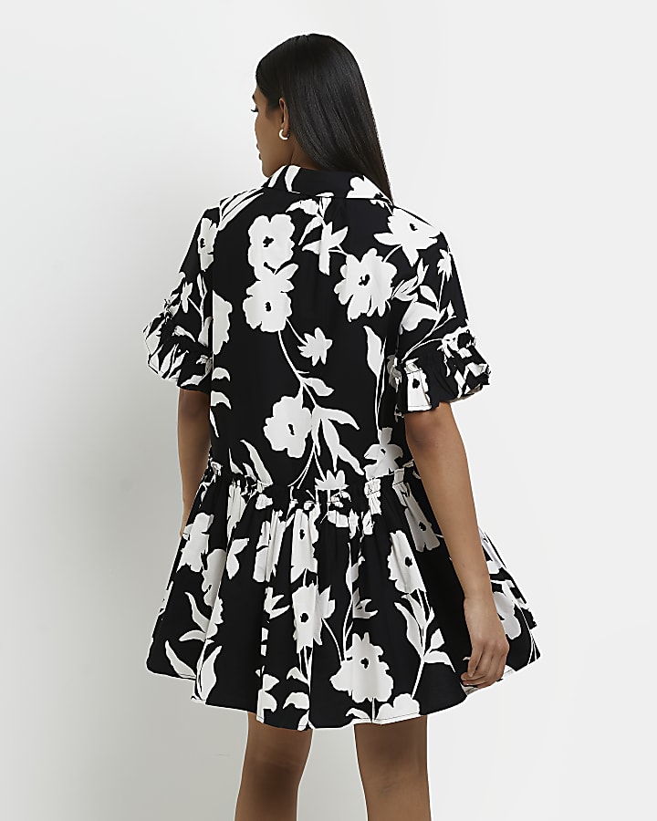 Black floral mini shirt dress