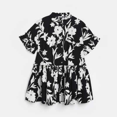 Black floral mini shirt dress