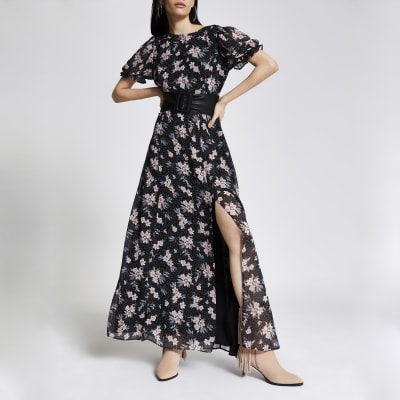 river island black floral dress