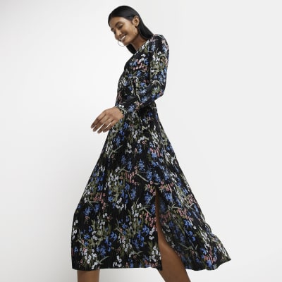 black plisse wrap dress