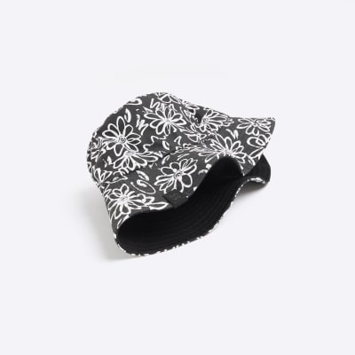 Black floral print canvas bucket hat