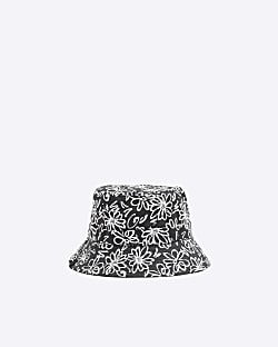 Black floral print canvas bucket hat