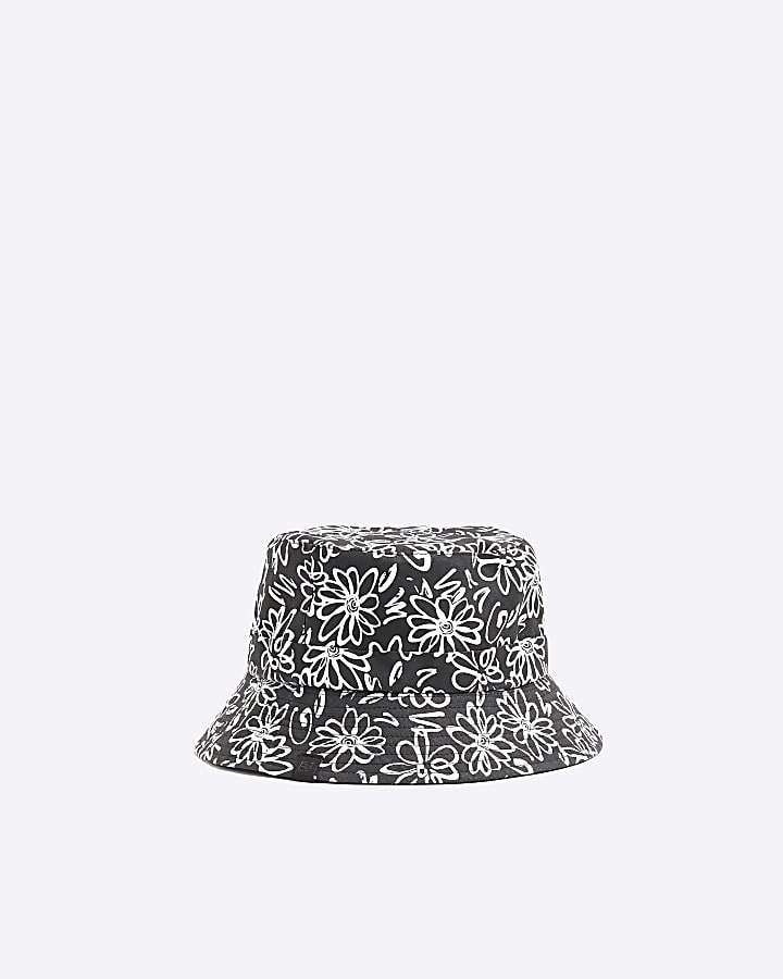 Black floral print canvas bucket hat