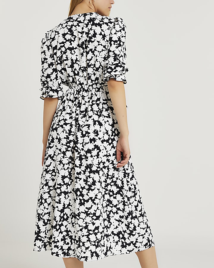 Black floral print frill waist midi dress