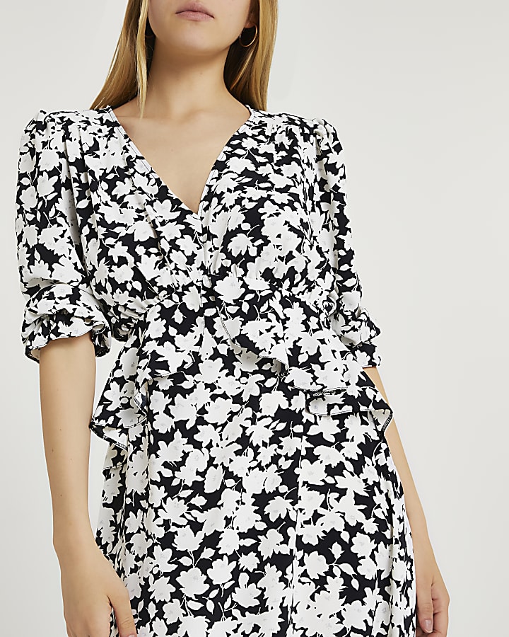 Black floral print frill waist midi dress