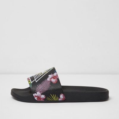 Black floral print sliders