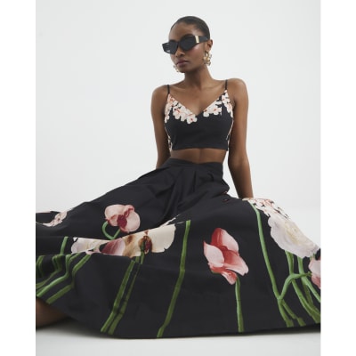 Black Floral Printed Bralet River Island