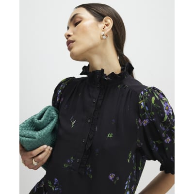 Black Floral Puff Sleeve Blouse