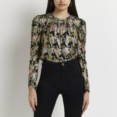 urban bliss black floral puff sleeve top