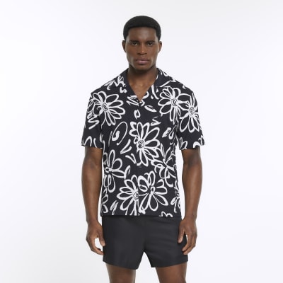 Black floral revere short sleeve shirt