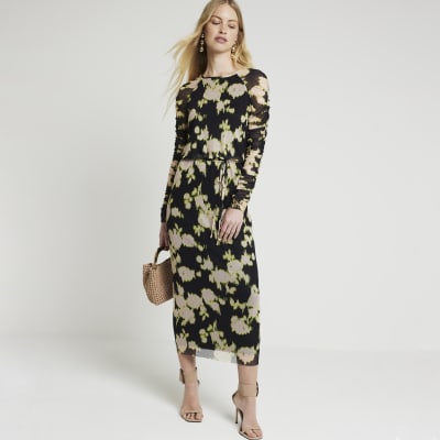 River Island Womens Black Floral Ruched Sleeve Bodycon Midi Dress