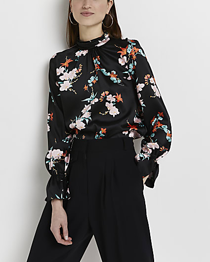 Black floral satin high neck blouse
