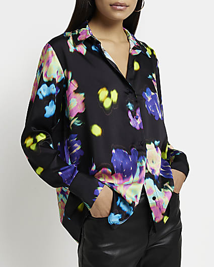 Black floral satin oversized shirt