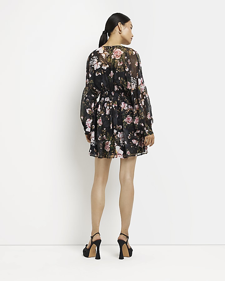 Black floral shirred mini dress