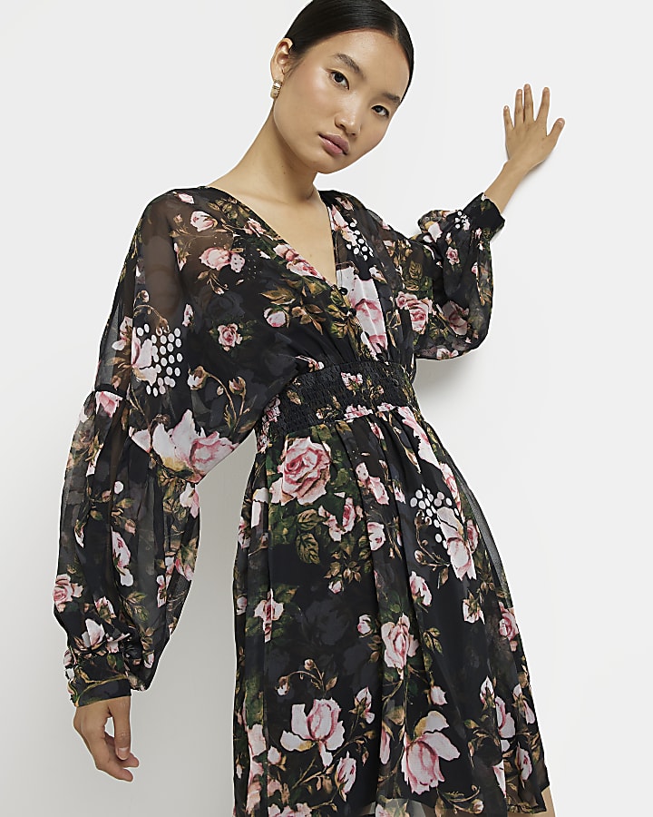 Black floral shirred mini dress