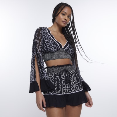 Black floral shirred shorts River Island