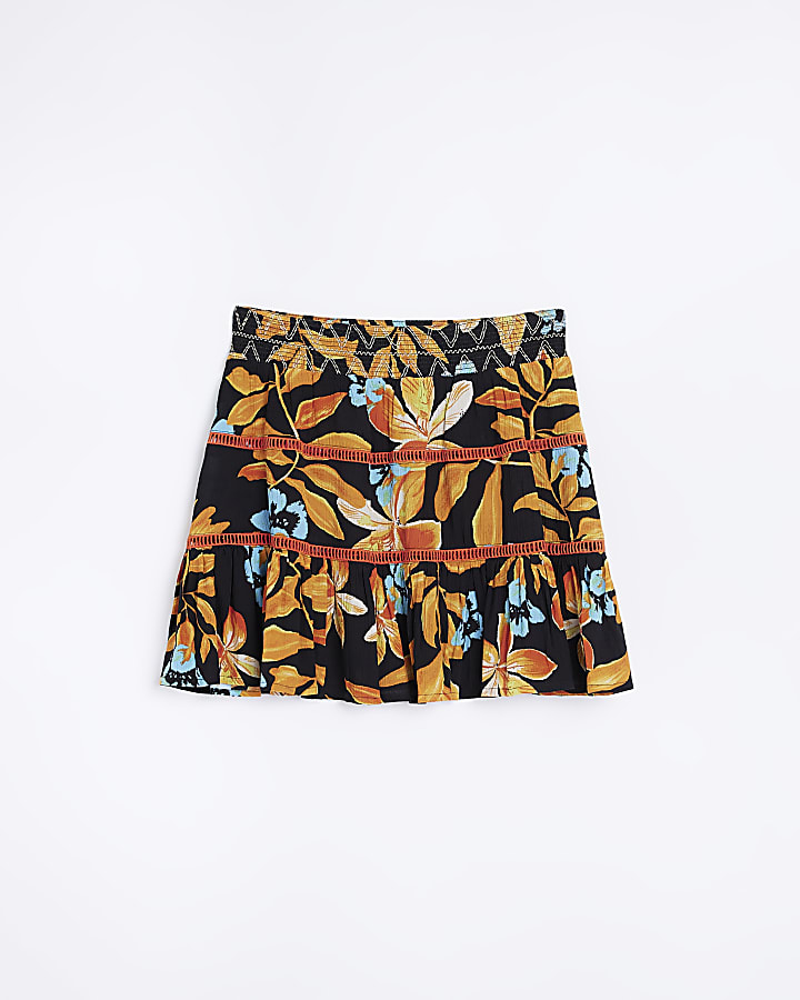 Black floral shirred waist mini skirt
