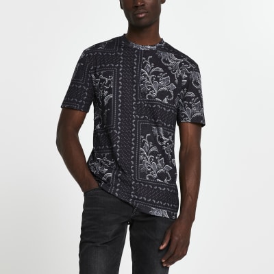 Black floral slim fit short sleeve t-shirt | River Island