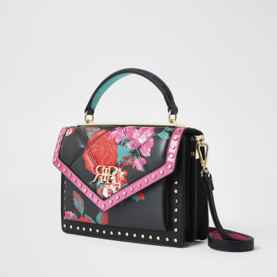 Black floral studded satchel handbag River Island