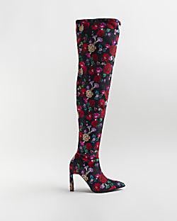 Black floral thigh high heeled boots
