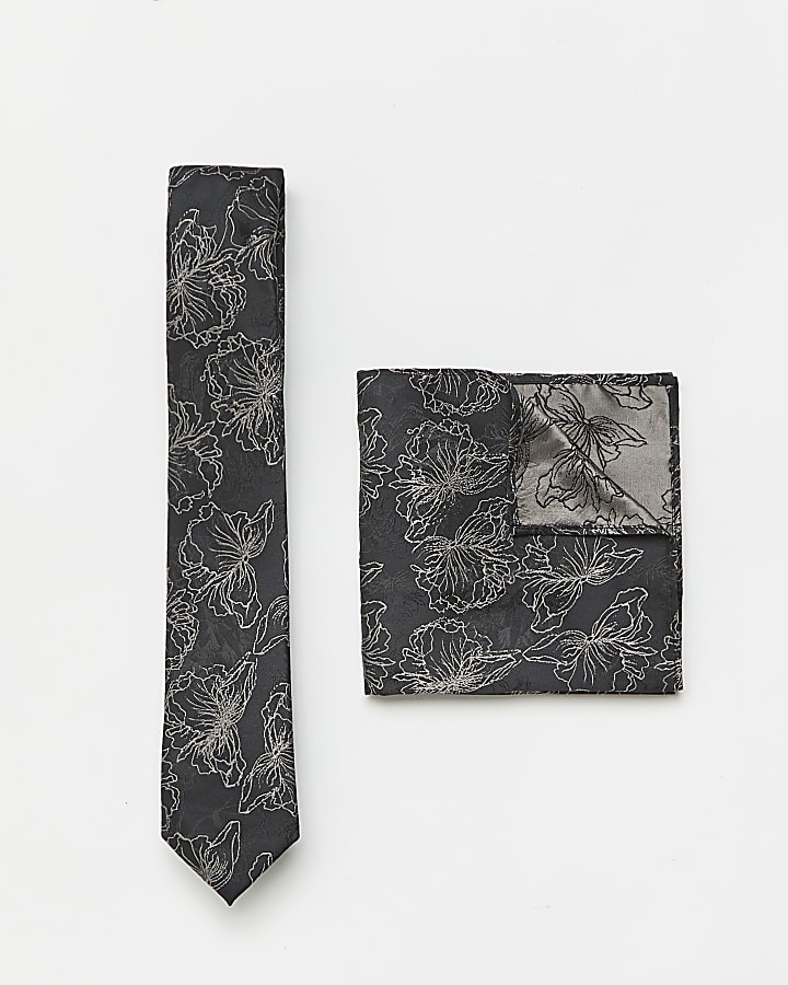 Black floral tie and pocket square set