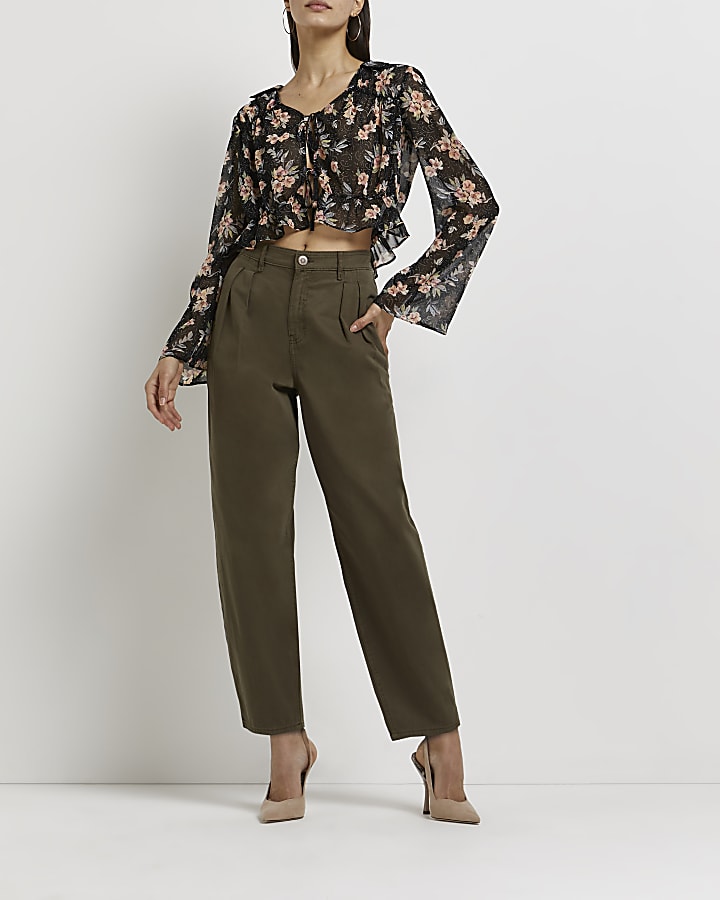 Black floral tie front cropped shirt