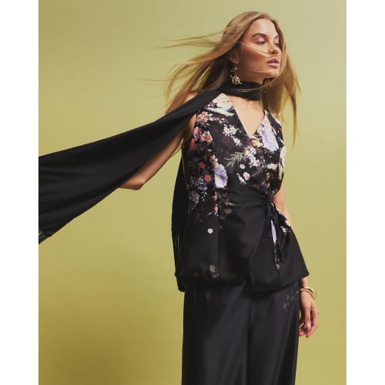 River Island Black Floral Tie Wrap Top