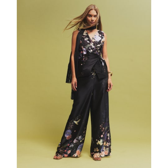 River Island Black Floral Wide Leg Trousers