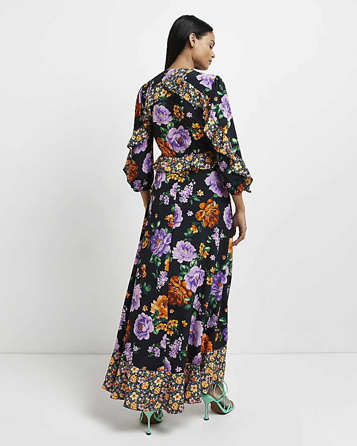 Black floral wrap maxi dress