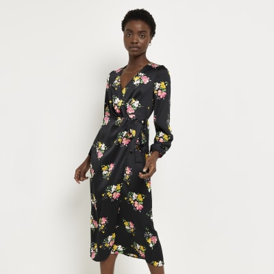 black floral wrap dress