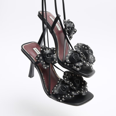 Black flower heels hotsell