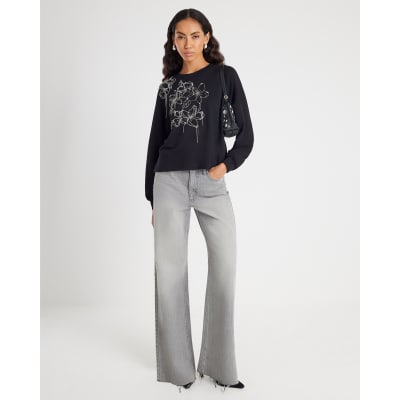 Black Flower Diamante Embellished Sweatshirt