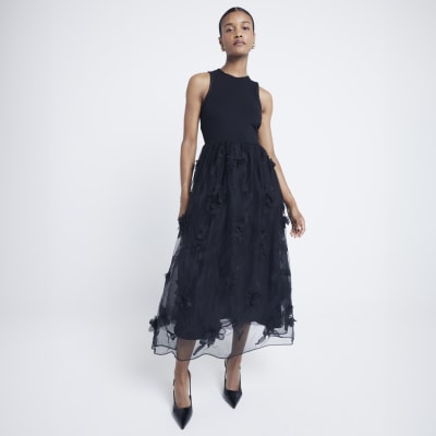 Black flower embellished skater midi dress River Island