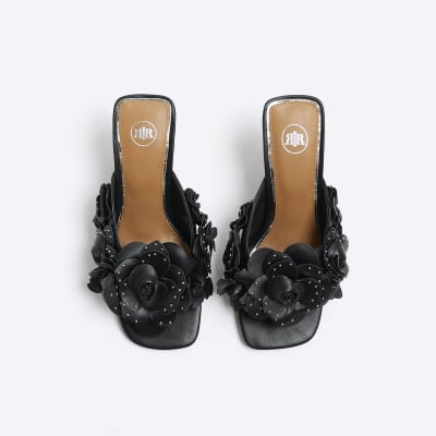Black flower heeled mule sandals | River Island