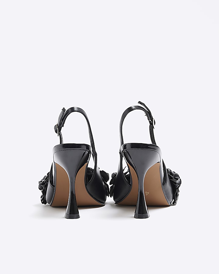 Black flower sling back heeled court shoes