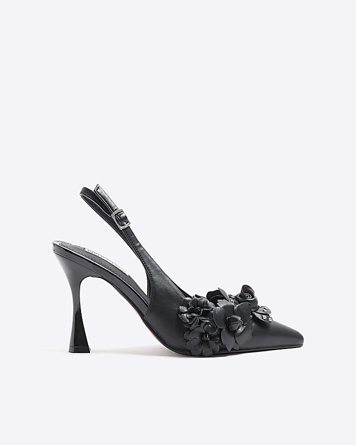 Black flower sling back heeled court shoes
